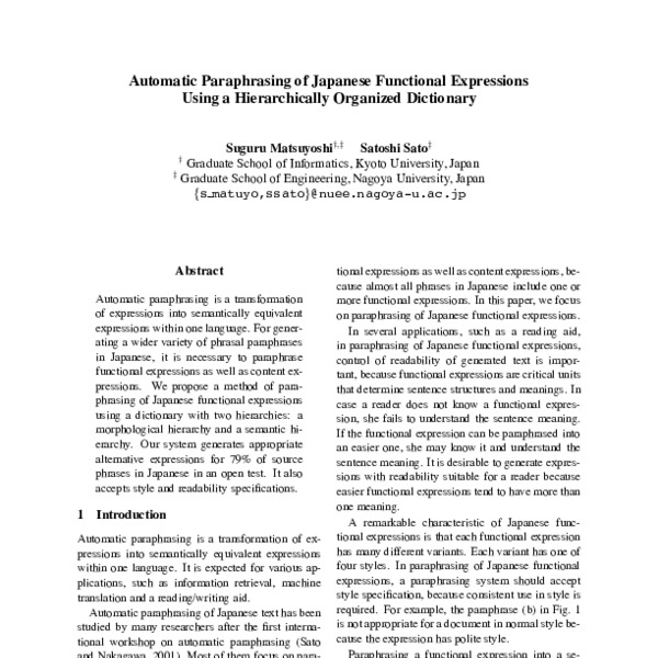 Automatic Paraphrasing of Japanese Functional Expressions Using a ...